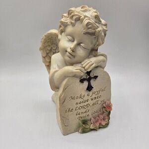 Cherub Angel Figurine Resting on a Memorial Garden Stone Grave 7" H x 3.5" W EUC